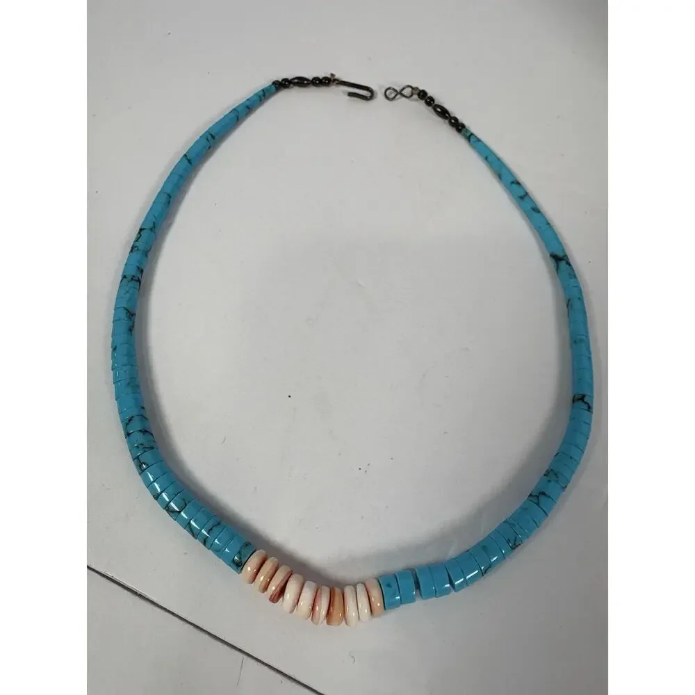 Block Turquoise and Coral Graduated Heishi Necklace, Bracelets And Earrings Set - Picture 12 of 15